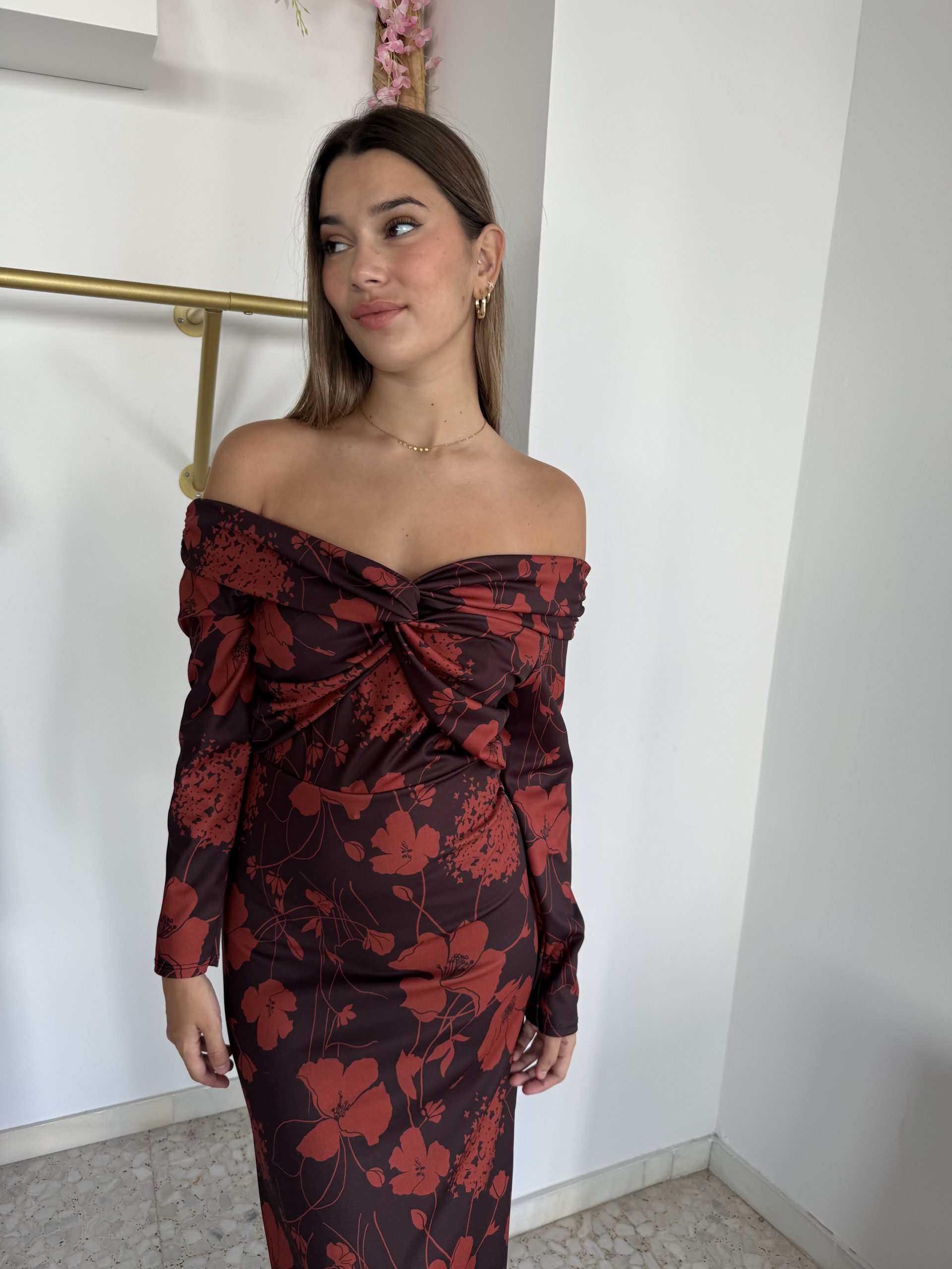 VESTIDO LARGO FLORAL CON ESCOTE BARDOT - Imagen 3